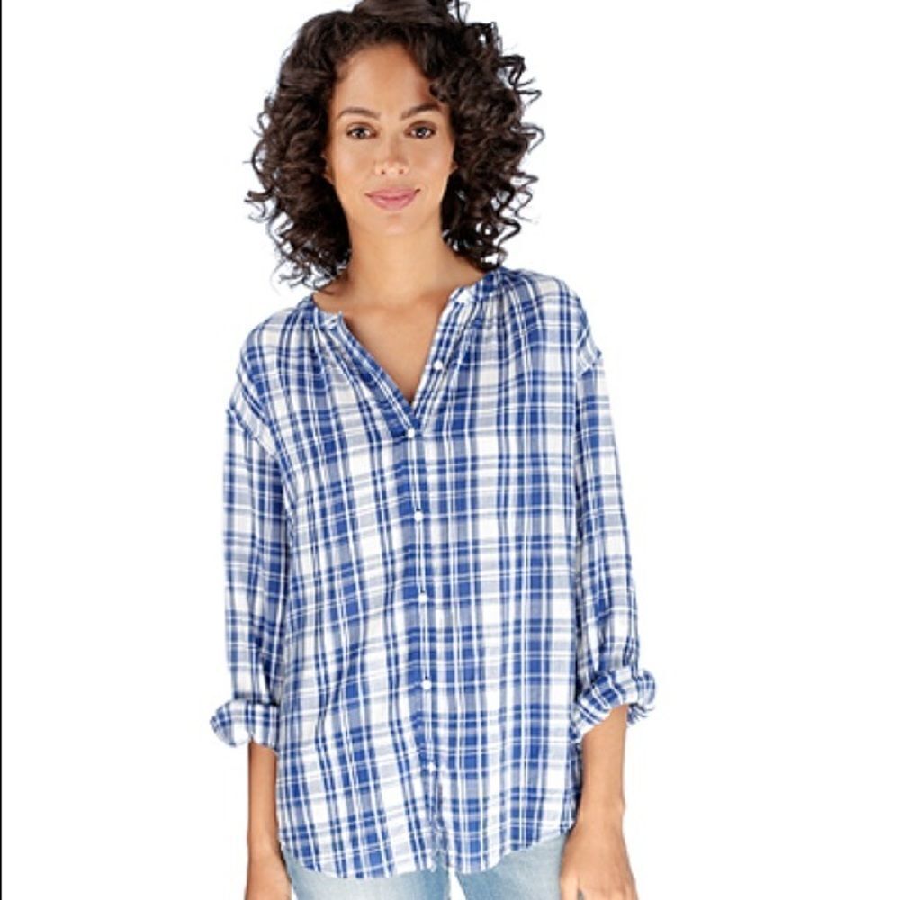 Lucky Brand Blue Plaid Peasant Blouse Top